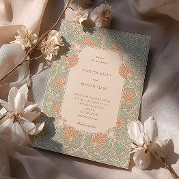 Small Timeless Art Nouveau Seafoam And Peach Wedding Invitation Front View