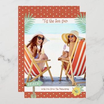 'tis the sea-sun tropical beach summer christmas foil invitation