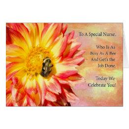 Small To A Special Nurse Red And Yellow Dahlia With Bee Front View