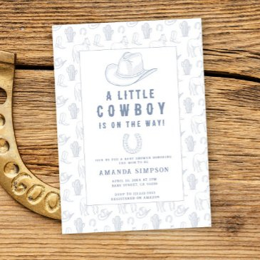 toile de jouy blue cowboy western baby shower invitation