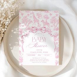 Small Toile De Jouy Pink Safari Animals Baby Shower Invitation Front View