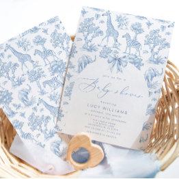 Small Toile De Jouy Safari Animals Baby Shower Invitation Front View