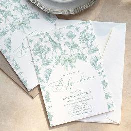 Small Toile De Jouy Safari Green Baby Shower Invitation Front View