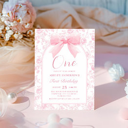 Small Toile Pink Bow Chinoiserie 1st Birthday Invitation Front View