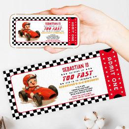 Small Too Fast Racing Car Ticket Birthday Invitation Front View