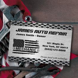 Small Tool American Flag Metal Design Car Auto Repair Business Invitations Front View
