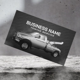 Small Towing Service Tow Truck Professional Black Metal Business Invitations Front View