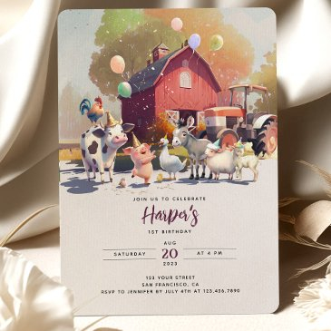 tractor farm birthday party animals barn invitation