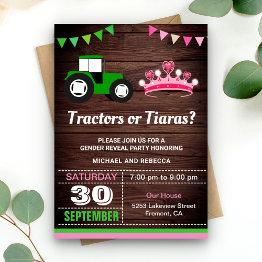 Small Tractors Or Tiaras Gender Reveal Party Invitation Front View