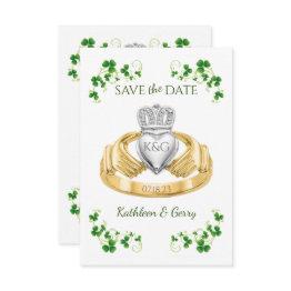 Small Traditional Irish Claddagh Ring And Shamrocks Save The Date Front View