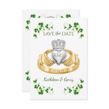 traditional irish claddagh ring and shamrocks save the date