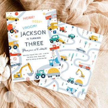 transportation city cars and truck boy birthday invitation