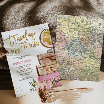 travel map bridal shower / pink gold floral invitation