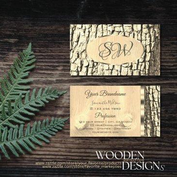 tree bark wood grain oval gold border and monogram business invitations