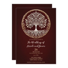 Small Tree Of Life Rustic Dark Red Celtic Wedding Invitation Front View