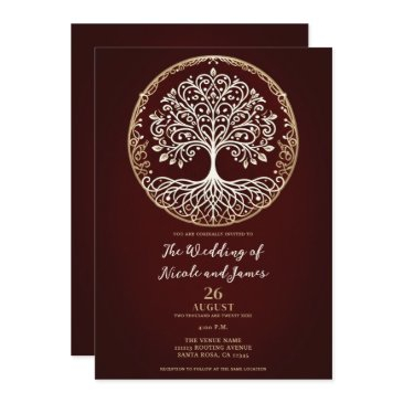 tree of life rustic dark red celtic wedding invitation