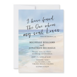 Small Trendy Beach Watercolor Ocean Christian Wedding Invitation Front View
