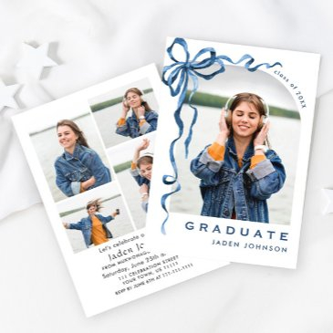 trendy blue bow ribbon 5 photo graduation party invitation