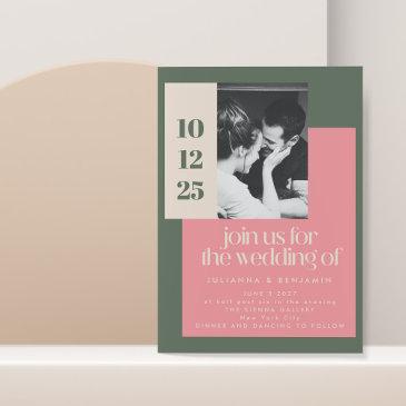 trendy geometric pink and green photo wedding invitation