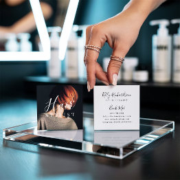 Small Trendy Hair Stylist White Script Hairdresser Photo Square Business Invitations Front View