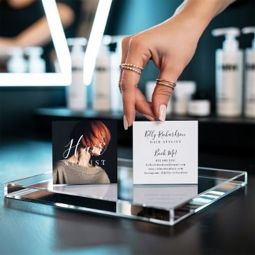 trendy hair stylist white script hairdresser photo square business invitations
