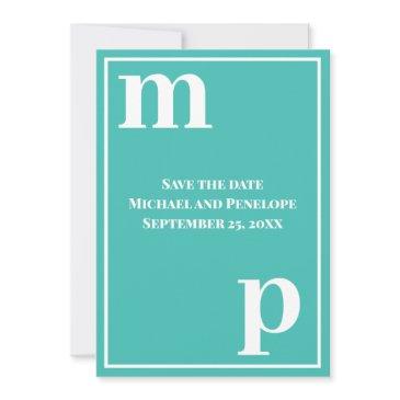 trendy lower case monogram turquoise save the date invitation
