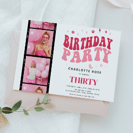 Small Trendy Modern Photo Strip Pink Birthday Party Invitation Front View