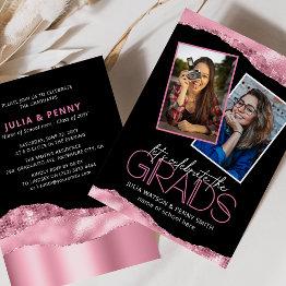 Small Trendy Pink Girly Joint Graduation Party Photo Invitation Front View