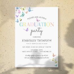 Small Trendy Rainbow Pastel Butterfly Graduation Party Invitation Front View