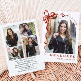 Small Trendy Red Bow Ribbon 5 Photo Graduation Party Invitation Front View