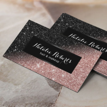 trendy rose gold & black glitter beauty salon business invitations