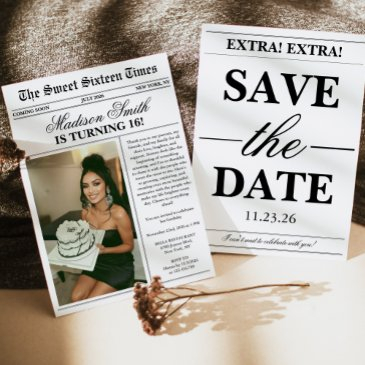 trendy unique newspaper photo sweet 16 invitation