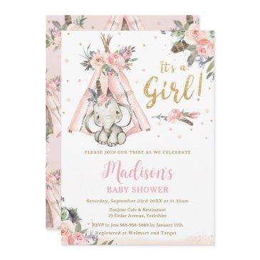 tribal boho elephant pink girl baby shower invitation