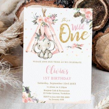 tribal boho elephant pink wild one 1st birthday invitation