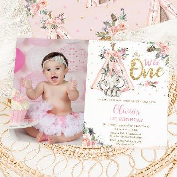tribal boho elephant wild one 1st birthday picture invitation