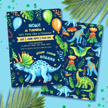 triceratops boy dinosaur birthday party blue invitation