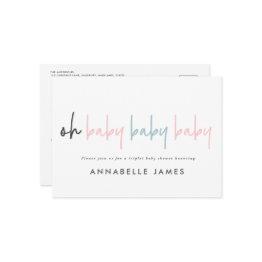 Small Triplet Baby Shower Pink Blue Modern Typography Invitation Front View