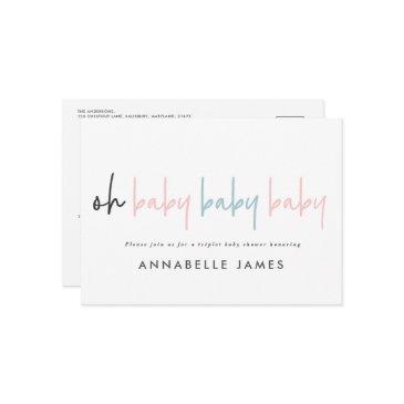 triplet baby shower pink blue modern typography invitation