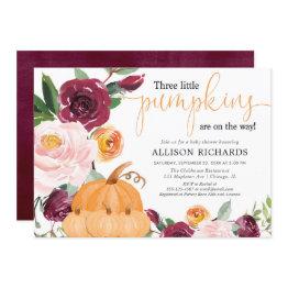 Small Triplets Three Little Pumpkins Fall Baby Shower Invitation Front View