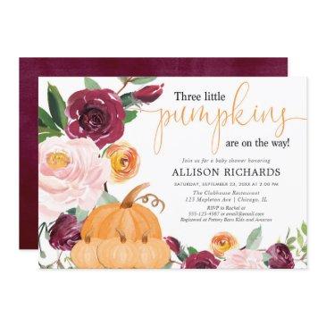 triplets three little pumpkins fall baby shower invitation