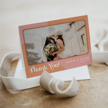 trixie retro 70's pink and orange photo wedding thank you invitations