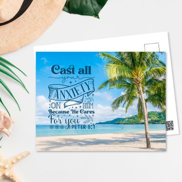tropical beach scenery, 1 peter 5:7 bible verse postinvitations