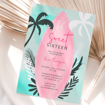 tropical beach surfboard palm tree sweet 16 invitation