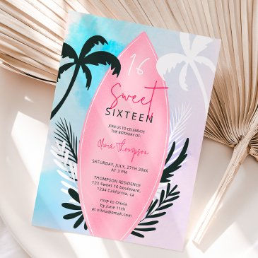 tropical beach surfboard palm tree sweet 16 invitation