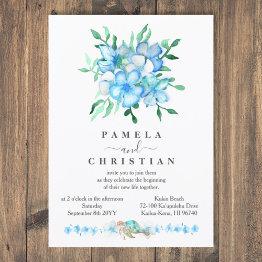 Small Tropical Blue Hibiscus Flowers Wedding Invitation Front View