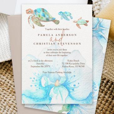 tropical blue orchid & sea turtles wedding invitation