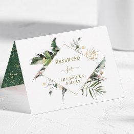 Small Tropical Foliage Gold Wedding Reserved Tent Sign Front View