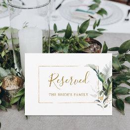Small Tropical Foliage Wedding Gold Green Reserved Sign Front View
