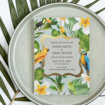tropical forest greenery parrots plumeria wedding invitation