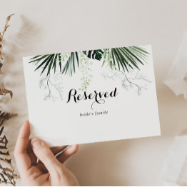 Small Tropical Greenery White Wedding Reserved Sign Front View